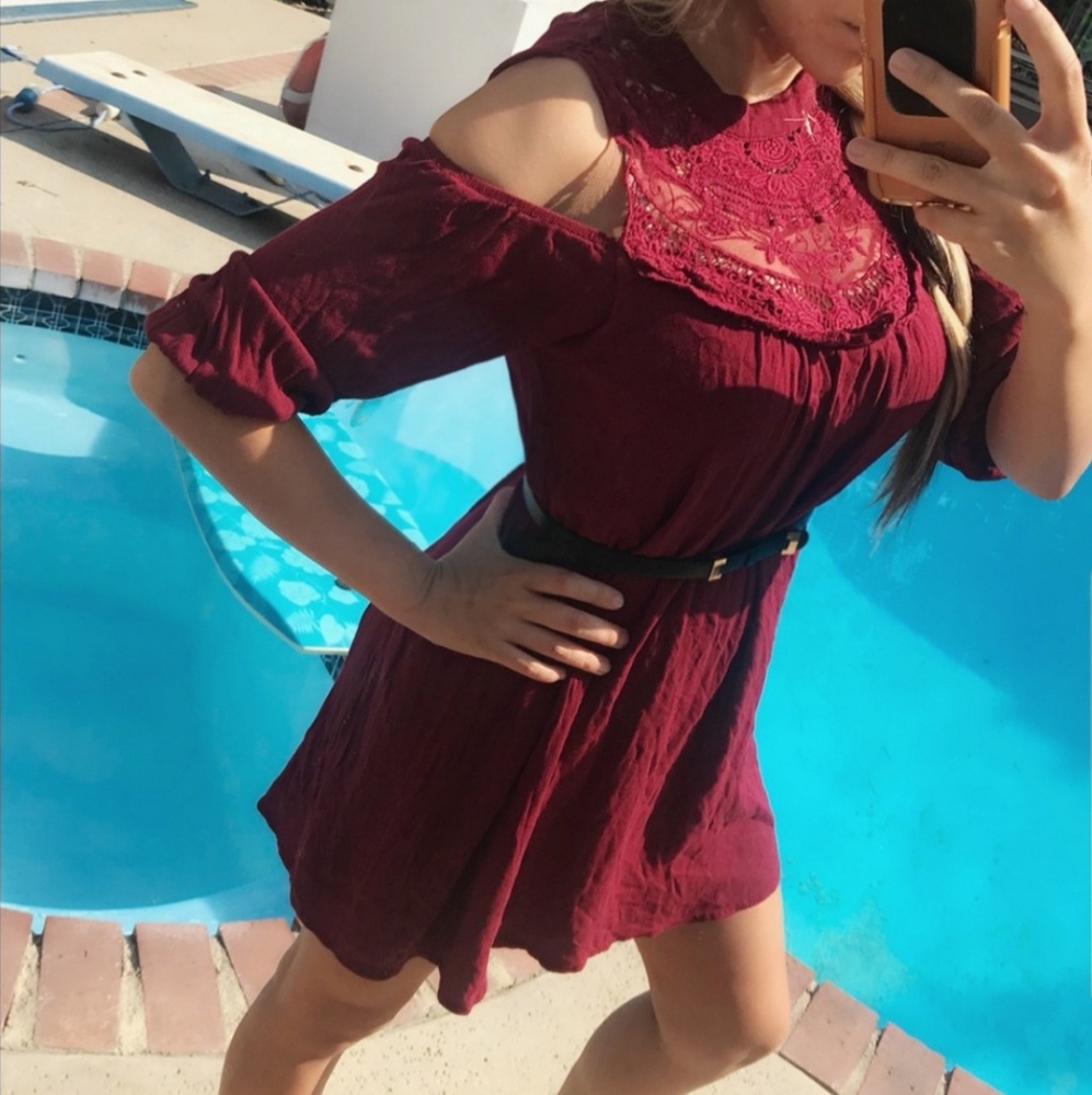 BOGO 1/2 OFF ♡ Cranberry Cold Shoulder Lace Swing Dress